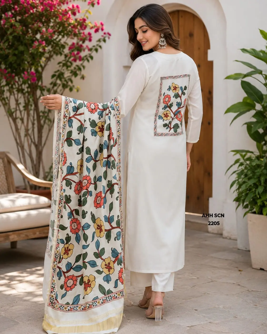 Off-White Premium Roman Silk V-Neck Straight Kurta with  Floral Embroidery Yoke